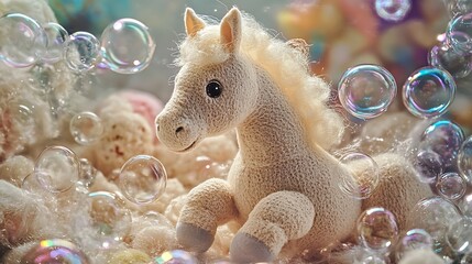 Stuffed horse surrounded by floating bubbles