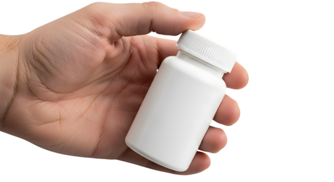 Hand holding a small white plastic pill bottle isolated on transparent background