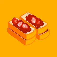 Toasted bread slices topped with strawberry jam and fruit pieces in a simple breakfast concept.