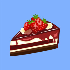 Chocolate cake slice with strawberry topping and cream layer in rich dessert illustration.