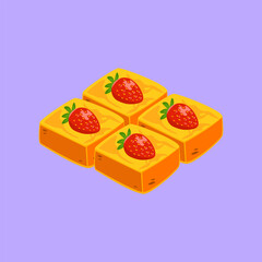 Strawberry brownie bites topped with cream and fresh fruit in colorful dessert illustration.