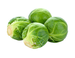 Fototapeta premium Fresh organic green Brussels sprouts isolated on a white background, a healthy raw vegetable ingredient for a vegetarian diet