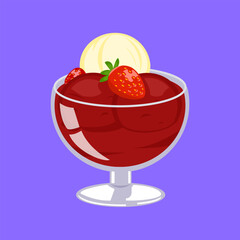 Strawberry sundae dessert served in a glass bowl with cream and fruit topping.