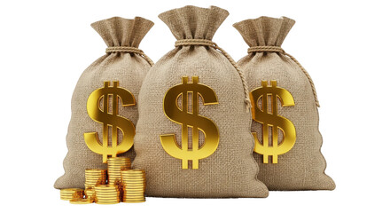Three Burlap Money Bags with Gold Dollar Signs isolated on a transparent background sack