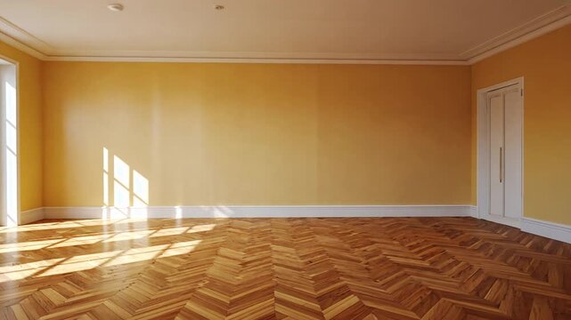 Empty Room with Yellow Walls, White Trim, and Herringbone Wood Floor with Sunlight interior Cinematic Stock Footage for All Projects 4K UHD  Video