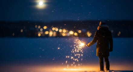 A person stands in the snow, holding a sparkler under the glowing moon, with distant lights creating a dreamy, magical atmosphere in the winter night.