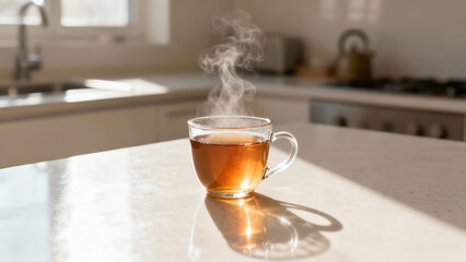 Cup of Tea with Steam in Minimal Kitchen