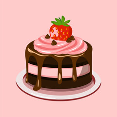 Chocolate layer cake with pink strawberry cream and fresh strawberry topping.
