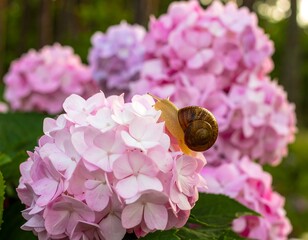 Snail rests on a blooming pink flower