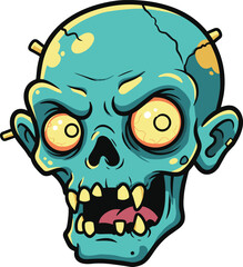Cartoon zombie head illustration, creepy horror character design, spooky Halloween artwork, grotesque undead monster face drawing, cad drawing flat vector illustration