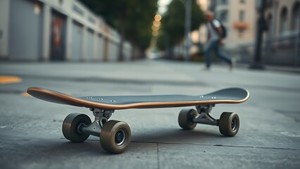 ollie. Skateboard on concrete, captured at a dynamic angle with motion blur against an urban backdrop. event key visuals, club posters, designed for fitness apps and gym onboarding.
