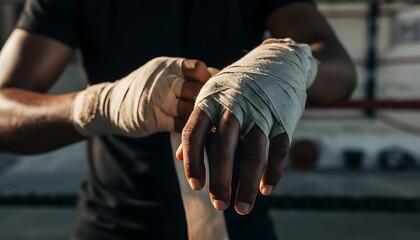 Boxer Wrapping Hands in Preparation for Training Session