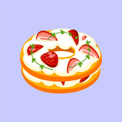 Stack of fluffy pancakes topped with fresh strawberries and whipped cream in tasty dessert style.