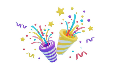 Two Party Poppers Exploding Colorful Confetti and Stars isolated on a transparent background