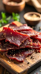 Spiced Dried Beef Slices on a Wooden Chopping Board