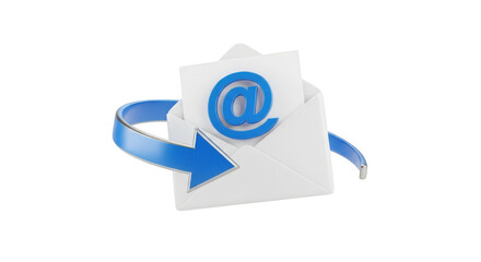 White Envelope with Blue At Symbol and Arrow isolated on a transparent background email