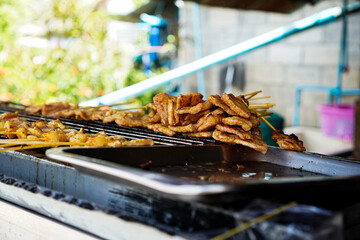 Pork Satay Skewers on Grill in Thailand Street Market