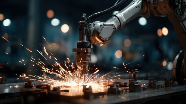 Robotic arm performs welding on metal parts, generating bright sparks in a busy workshop filled with machines and tools.