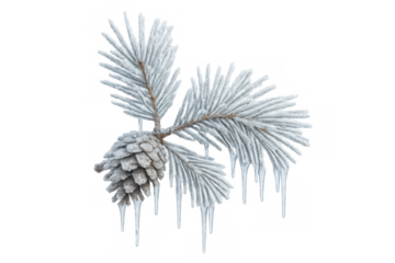 Pine branch with a pinecone and needles covered in glistening frost and icy icicles, representing winter cold