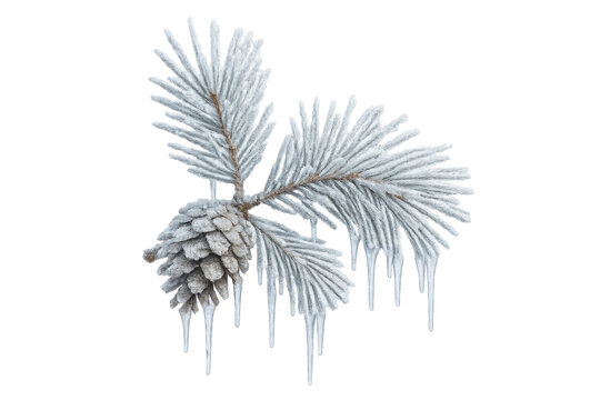 Pine branch with a pinecone and needles covered in glistening frost and icy icicles, representing winter cold