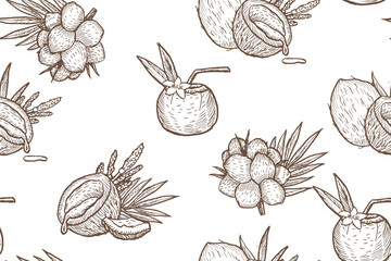 Engraving seamless pattern with nuts and drinks. Coconut beach summer outline print. Seamless pattern with tropical fruit and coco branch, cocktail drink, palm leaves, coconut milk. Food background
