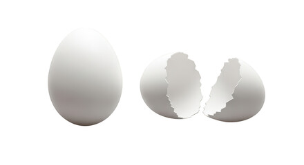 Whole white egg and broken eggshell halves isolated on a transparent background cracked egg