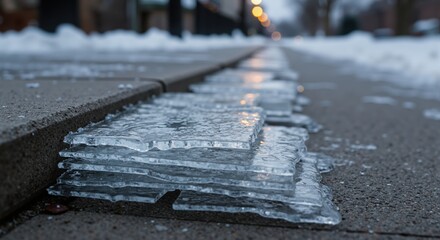 Close-up of layered ice sheets on a slippery winter sidewalk. Frozen water on a concrete pavement creating a dangerous icy surface