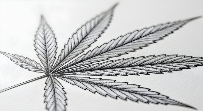 Detailed Cannabis Leaf Pencil Drawing on White Paper