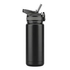 Sleek black water bottle with flip top straw lid isolated on transparent background