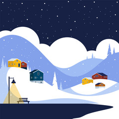 Night landscape of a cozy village in the middle of valley covered with snow in winter flat design style