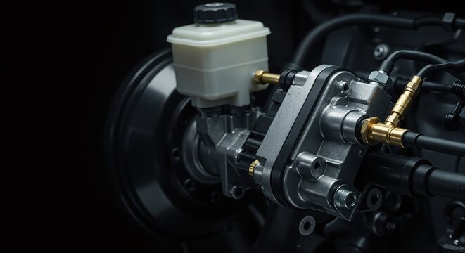Close-up of a new car brake master cylinder and booster assembly. Automotive hydraulic system component for vehicle maintenance and repair. Industrial technology concept on a black background