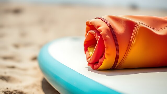 rashguard. A colorful rolled-up rashguard resting on a surfboard at the beach. event key visuals, club posters, designed for fitness apps and gym onboarding, drives event promotion.