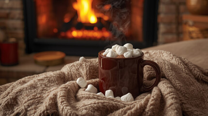 Warm Hot Cocoa Mug Soft Blanket Fireplace Background - Cozy Winter Comfort Lifestyle Photography
