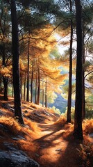 Obraz premium Sunlit Autumn Forest Path with Tall Trees and Golden Foliage in Natural Lighting