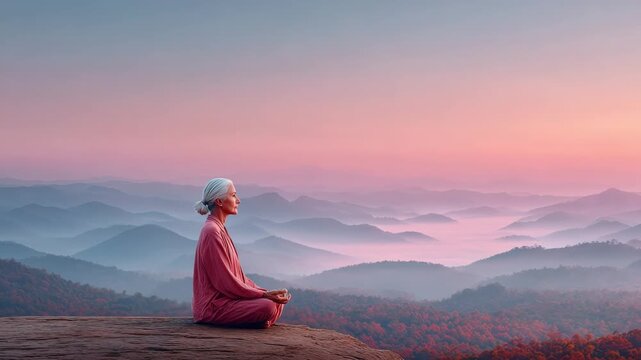 Elderly woman meditating on misty mountain sunrise with spiritual calm longevity serene meditation cliff dawn atmosphere