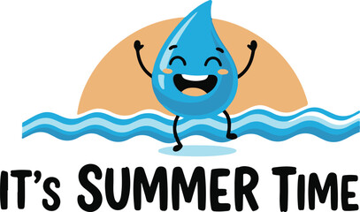 Naklejka premium Happy Water Drop Character Surfing on Waves with Sun and Text