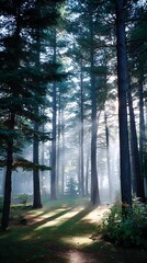 Obraz premium Serene Forest Scene with Tall Pines Sunlight Filtering Through Trees in Natural Setting