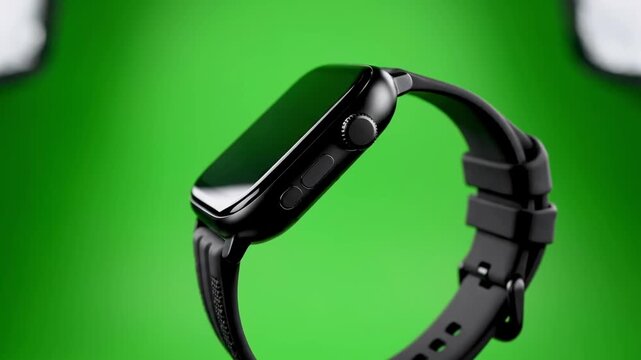 Sleek, black smartwatch with band, on a green backdrop, illuminated well