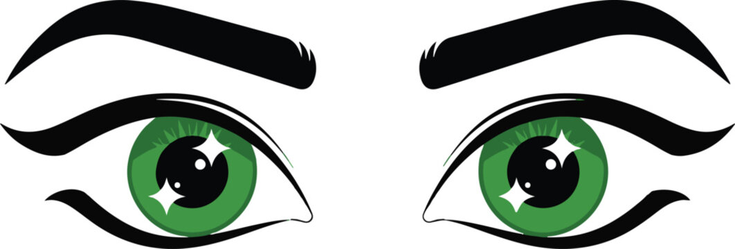 Pair of green eyes with sparkling pupils and black eyebrows Keywords: green eyes, human eyes