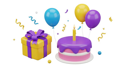 Yellow gift box purple ribbon blue and yellow balloons isolated on a transparent background