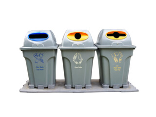 recycling bins with different colored lid and label for waste separation on transparent