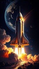 A spacecraft launches into space with Earth, clouds, and stars