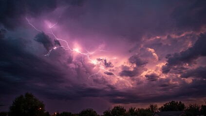 Purple Lightning Storm Dramatic Night Sky