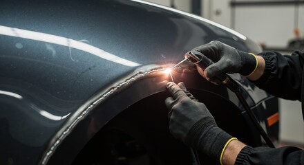 Mechanic welding a car fender in an auto body shop. Close-up of a worker using a torch for vehicle restoration. Skilled metalwork and automotive repair service