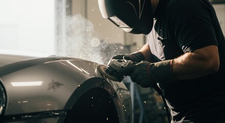 Mechanic grinding a car fender with an angle grinder in a workshop. Auto body worker creating sparks during metal fabrication. Automotive customization and repair service