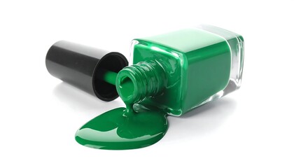A spilled bottle of vibrant green nail polish, brush and cap next to it