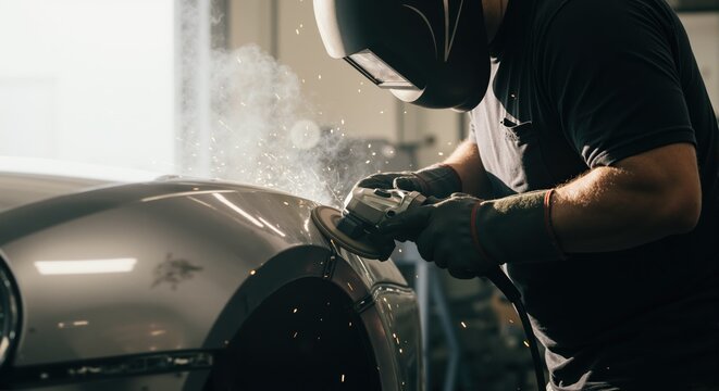 Mechanic grinding a car fender with an angle grinder in a workshop. Auto body worker creating sparks during metal fabrication. Automotive customization and repair service