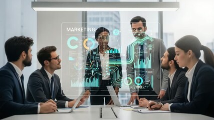 Business team collaborates on marketing strategy using futuristic holographic data visualization - Powered by Adobe