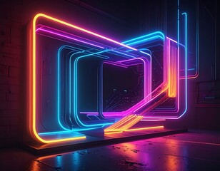 Futuristic neon portal glows brightly in a dark, geometric room