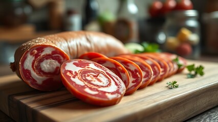 calabrese. Close-up of sliced Calabrese sausage on a wooden cutting board. menu design, packaging mockups, designed for food delivery and cloud-kitchen brand materials, inspires cooking.